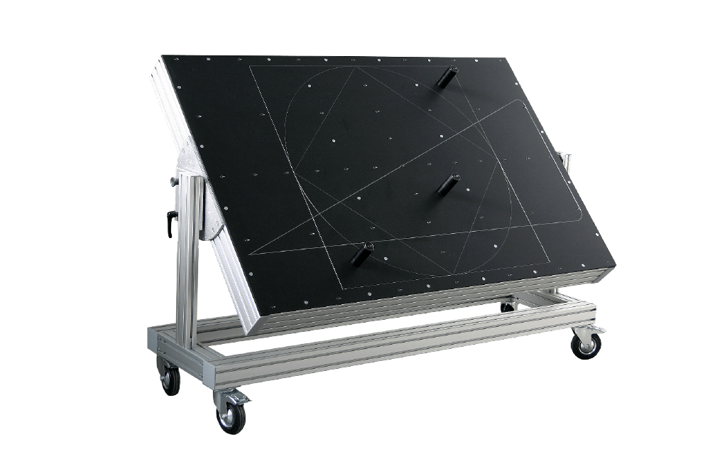 Black SL-Laser certification tool on a mobile aluminum frame – calibration system with markings for precise adjustment of laser projectors.
