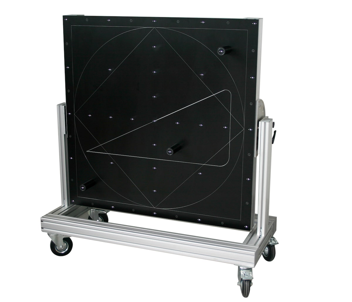 Black SL laser certification tool on a mobile aluminum frame – calibration system with markings for precise adjustment of laser projectors. Vertical view.