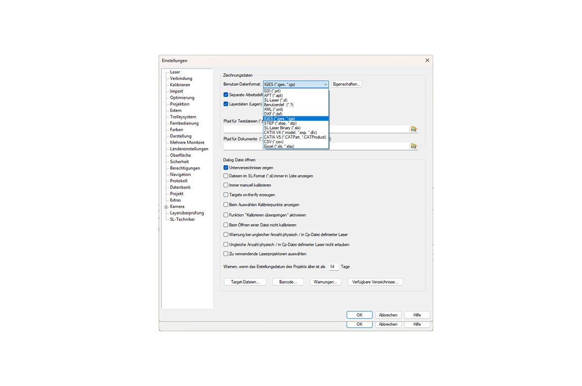 SL3D EINSTELLUNGS OPTIONEN DE